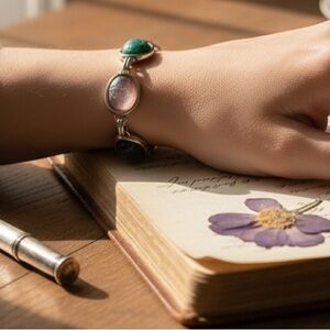 Vintage Coro Egyptian Revival Scarab Bracelet – Multi-Color Carved Cabochons